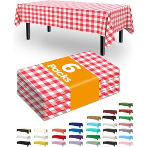 Pureegg Plastic Table Cloth Disposable 6 Pack, 54 x 108 Inch Table Cloths, Party, Picnic, Decorative Gingham Tablecloths, Rectangle, Red and White Checkered Cover, Waterproof, Red Plaid
