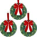 ATDAWN 3 Pack Mini Christmas Wreath, Lighted Christmas Front Door Wreath, Xmas Wreath for Holiday Christmas Party Decorations (Red Bow)