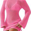 SISKIN Women's Bathing Suit Beach Cover Up Crochet Knit Tops Mesh Hollow Out Dress Drawstring Without Sexy Bikini (Pink, L)