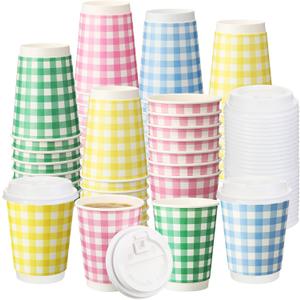 60 Pcs 12 oz Camp Gingham Paper Drinking Cups 4 Colors Checkered Plaid Disposable Coffee Cups for Camp Bachelorette Party Wedding Birthday Baby Shower Picnic