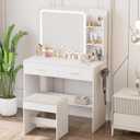 Makeup Vanity with Lighted Mirror & Electrical Outlet - 2 Shelves, 2 Drawers, Bottom Storage - Comes with Upholstered Stool White