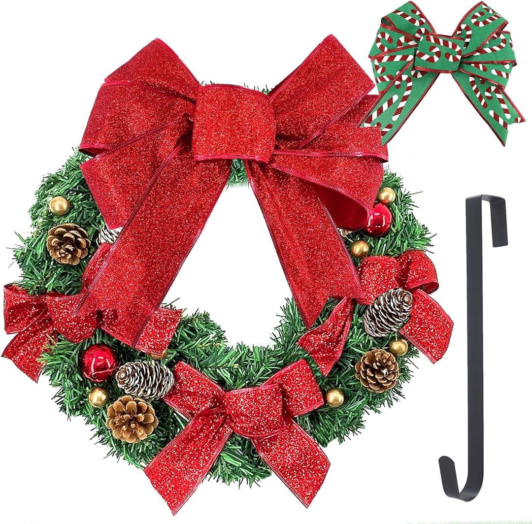 18 Artificial Christmas Wreath for Front Door with Pine Cone, Ball Ornaments and 2 Premium Bows, Indoor Outdoor Holiday Windows Wreath Flocked with Mixed Decorations
