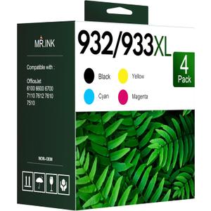 932XL 933XL Ink Cartridges Combo Pack (4Pack, 1Black/1Cyan/1Magenta/1Yellow) Replacement for HP 932 XL 933 XL Black and Color Ink Cartridges OfficeJet 6100 6600 6700 7110 7510 7610 7612 Printer