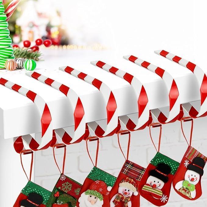 Christmas Stocking Holders for Mantle Set 6, Lightweight Metal Stocking Hangers Adjustable Candy Cane Stocking Hooks for Fireplace Non-Skid Stocking Holders for Christmas Decoration (Red)