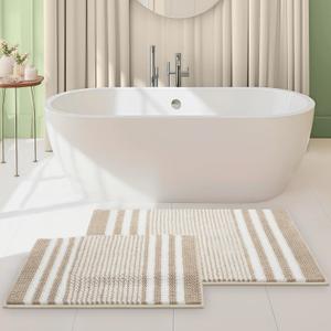 Tindbea Bathroom Rugs Set 2 Piece, Extra Soft and Absorbent Fluffy Striped Chenille Bath Mat Rug Set, Non Slip Bathroom Floor Mat, Machine Washable (20" x 32" Plus 16" x 24", Khaki)