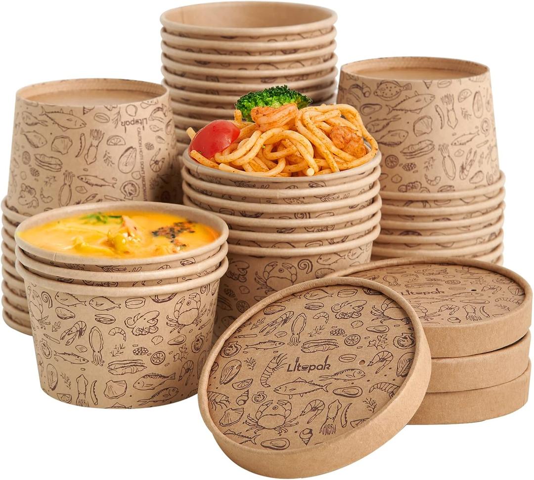 LITOPAK 50 Pack 8 oz Paper Containers with Vented Lids, Kraft Paper Food Cups, Soup Containers Cups with Lids, Disposable Bowls for Hot Soup for Storing Food or Carrying Out