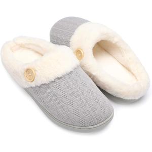 Chantomoo Womens Slipper Warm Comfy Memory Foam House Slippers Knitted Shoes Faux Fur Lined Anti-Skid Rubber Sole Bedroom Cozy Indoor Outdoor Slippers (7-8, Grey)