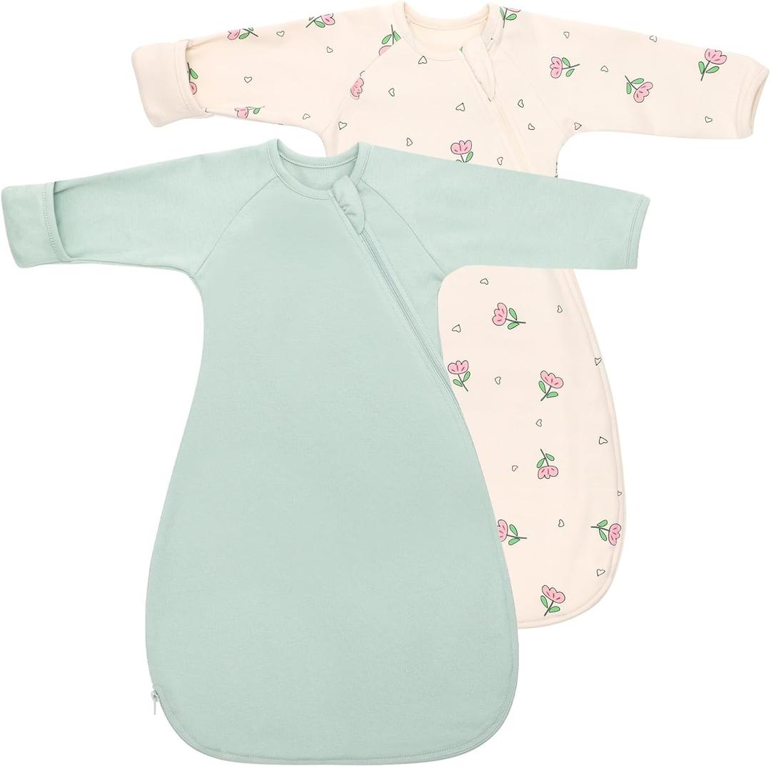 Organic Cotton Transitional Baby Swaddle Sleep Sacks Arms Up Length Sleeves Mitten Cuffs 2 Pack 0-3 Months, Wearable Sleeping Bag Swaddling Blanket for Boys Girls Snug Fit Calms Startle Reflex, Small