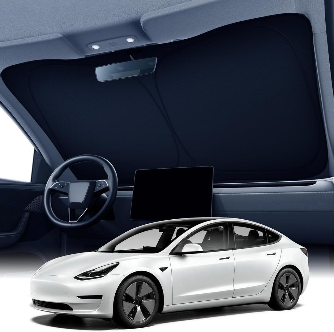 Zanch Custom Windshield Sun Shade for Tesla Model 3 2023-2026, 7-Layer UV & Heat Block, 3D Laser Scanned, Interior Protection, Keep Car Cooler, Foldable Car Accessories