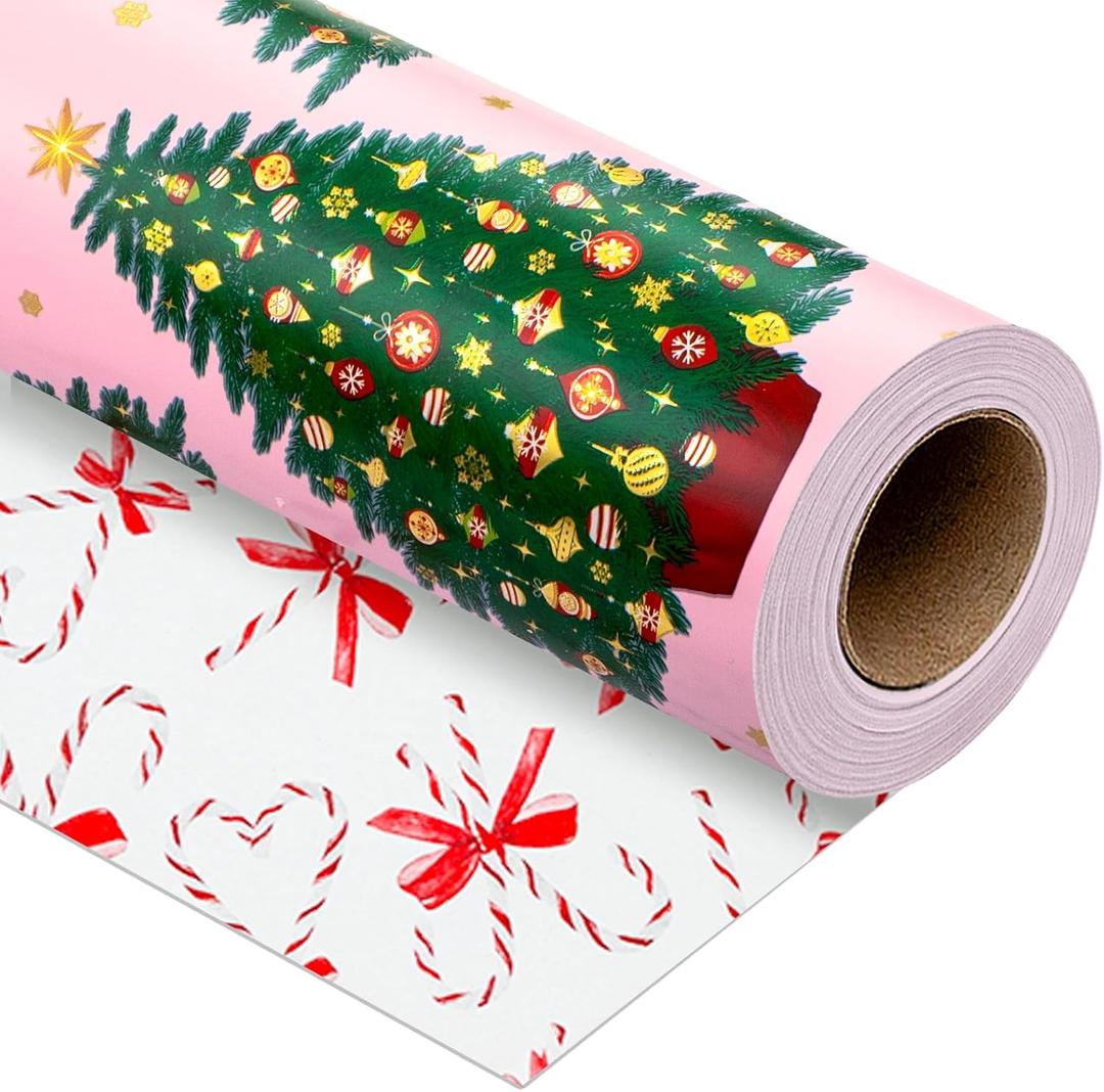 Yarcony Girl Christmas Wrapping Paper Roll, Pink Wrapping Paper, Metallic Foil Elegant Pastel Christmas Tree, Candy Cane & Bow Design Girl Holiday Gift Wrap for Winter Holiday (17 Inch X 33 Feet)