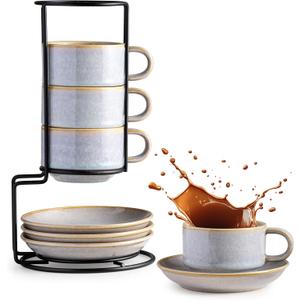 Gomakren 6 Ounce Cappuccino Cups with Saucers and Metal Stand, Stackable Coffee Cup Set of 4, Christmas Porcelain Espresso Cups for Coffee Drinks, Cappuccino, Latte, Americano, Tea, Gray