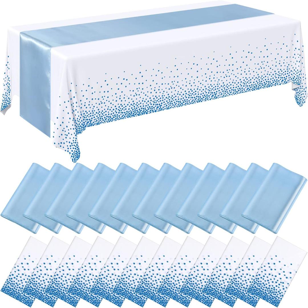 Breling 24 Packs Baby Blue and White Disposable Plastic Tablecloths and Satin Table Runner Set, 54 x 108 Inch Tablecloth, 12 x 108 Inch Table Runners for Wedding Graduation Birthday Baby Shower