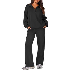 Caracilia Lounge Sets for Women Sweatsuits 2 Piece Outfits Fall Button Oversized Sweatshirt Sweatpants Matching Set Tracksuit Black Medium