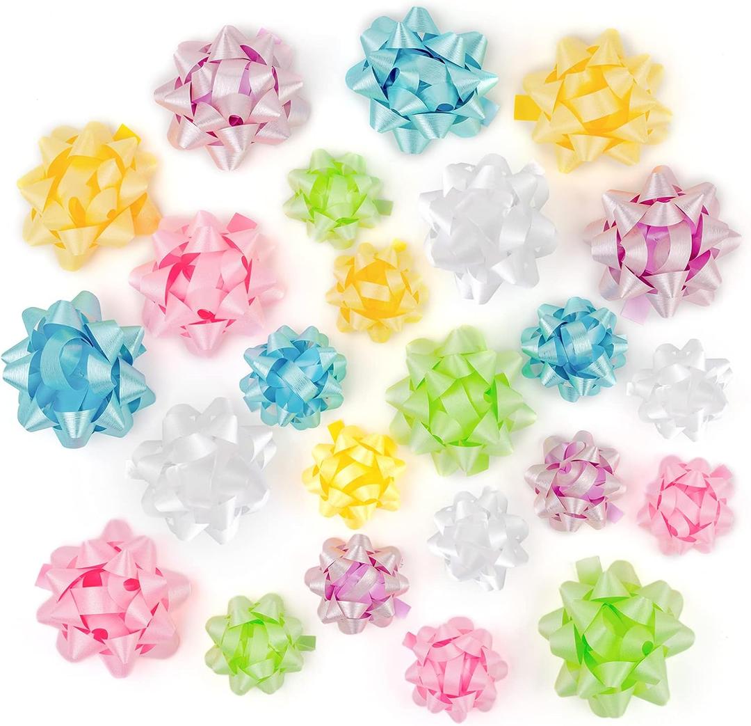 WRAPAHOLIC Light Color Gift Bow Assortment (24 Bows) Light Blue, Pink, Yellow, Green, White for Birthday, Wedding, Christmas, Baby Shower, Bridal (Glitter&Metallic Shine)