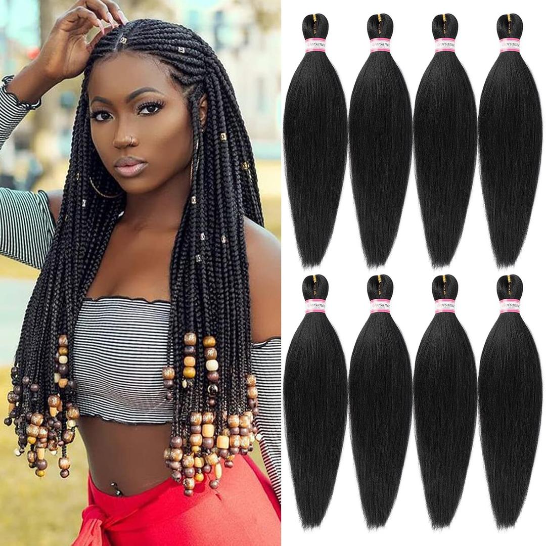 Pre Stretched Braiding Hair 8 Packs 18 Inch Professional Hair for Braiding Easy to Twist Crochet Braids Hot Water Setting Yaki Straight Synthetic Hair Extensions, Natural Black