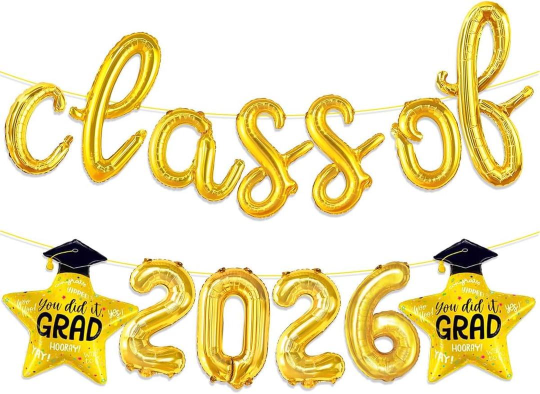 2 x Gold Class of 2026 Balloons - Gold Class of 2026 Graduation Balloons Graduation Foil Balloon for Graduation Party Decorations