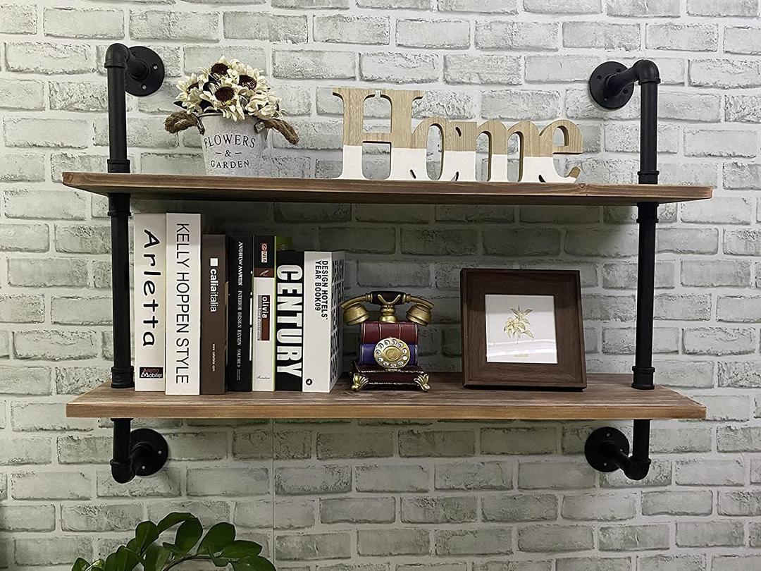 Pipe Shelves Industrial Pipe Shelving Shelves Real Wood Industrial Floating Pipe Shelves with Wood Planks 36 inch Wall Shelves Rustic Hanging Bookshelf Farmhouse Kitchen Bar Shelving (Brown)