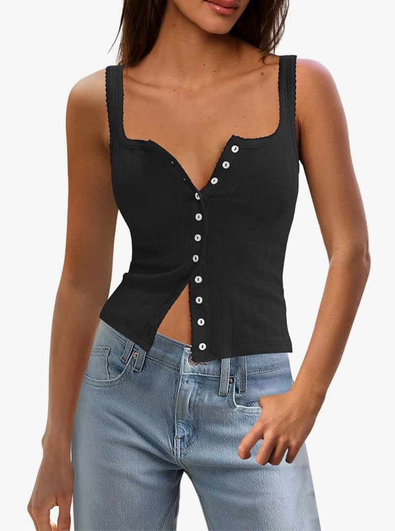 Panadila Womens Ribbed Square Neck Tank Top Summer Button Down Tanks Sleeveless Knit Tops Going Out Outfits S