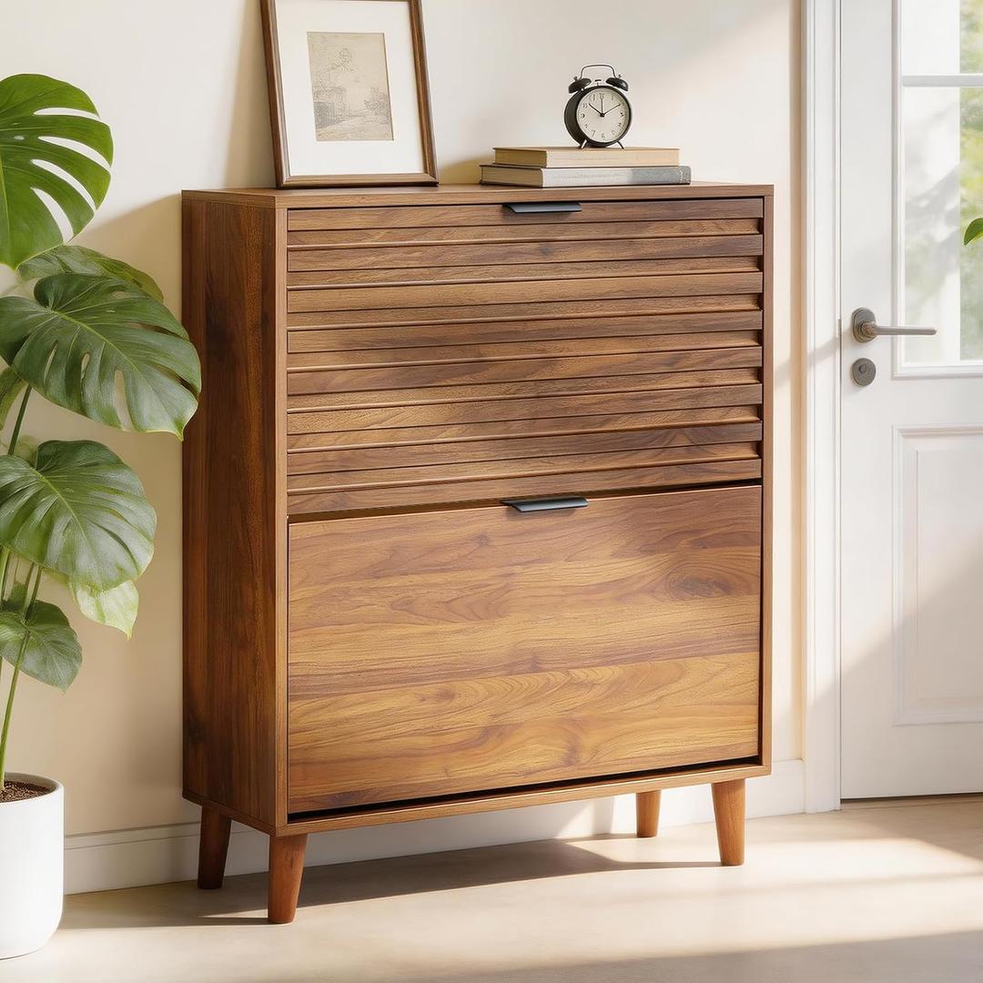 31.5'' Narrow Shoe Storage Cabinet for Entryway Shoe Rack Cabinet with 2 Flip Drawers, Wood Slim Shoe Organizer with Fluted Panel for Foyer, Hallway, Living Room, Walnut