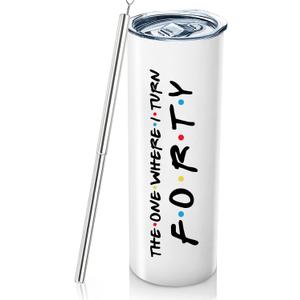40th Birthday Gifts For Women 1982 Birthday Decorations For Women Female 12 oz Wine Tumbler Happy 40 Year Old Bday Presents For Bestie Friend Sister Woman White Wine Cup With Turn Forty Keychain