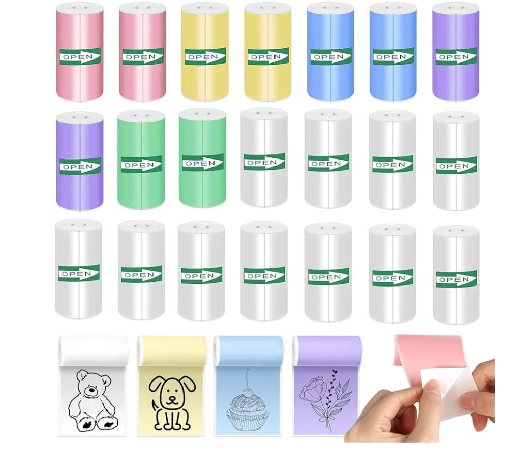 12PCS Mini Printer Thermal Sticker Paper, Including 12 Rolls of Adhesive Thermal 12 Rolls Multicolor Sticker Paper, For Photos, To-do Lists, Notes(57 x 25 mm)