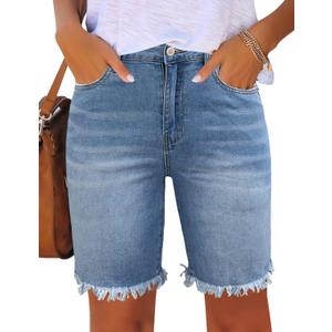 Utyful Women Summer Frayed Ripped Bermuda Shorts Distressed Denim Jeans Short (Large, Raw Hem-light Blue)