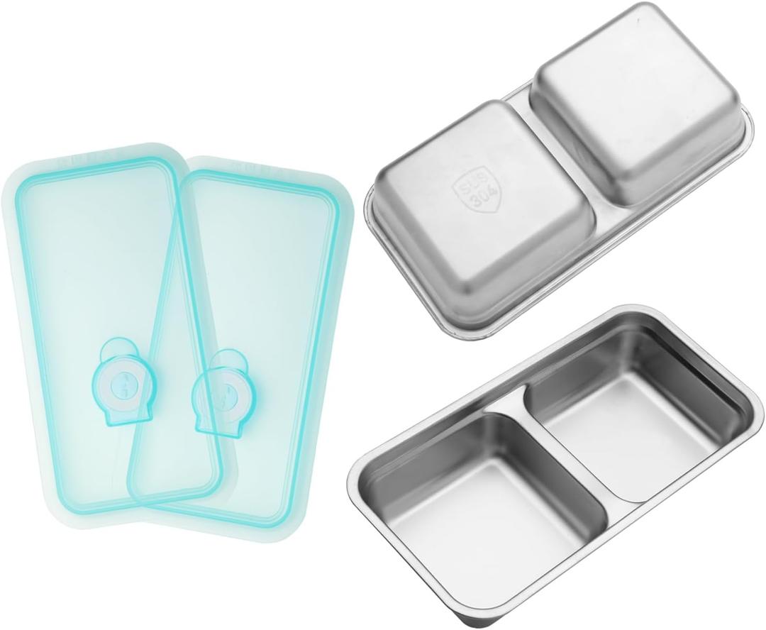 Quzzy Grab and Go Snack Containers Reusable, Stainless Steel Double Compartment Snack Containers with Lids, Food Lunch Meal Container Prep for Travel and Outdoor Camping, Small Packs Container (2PCS)