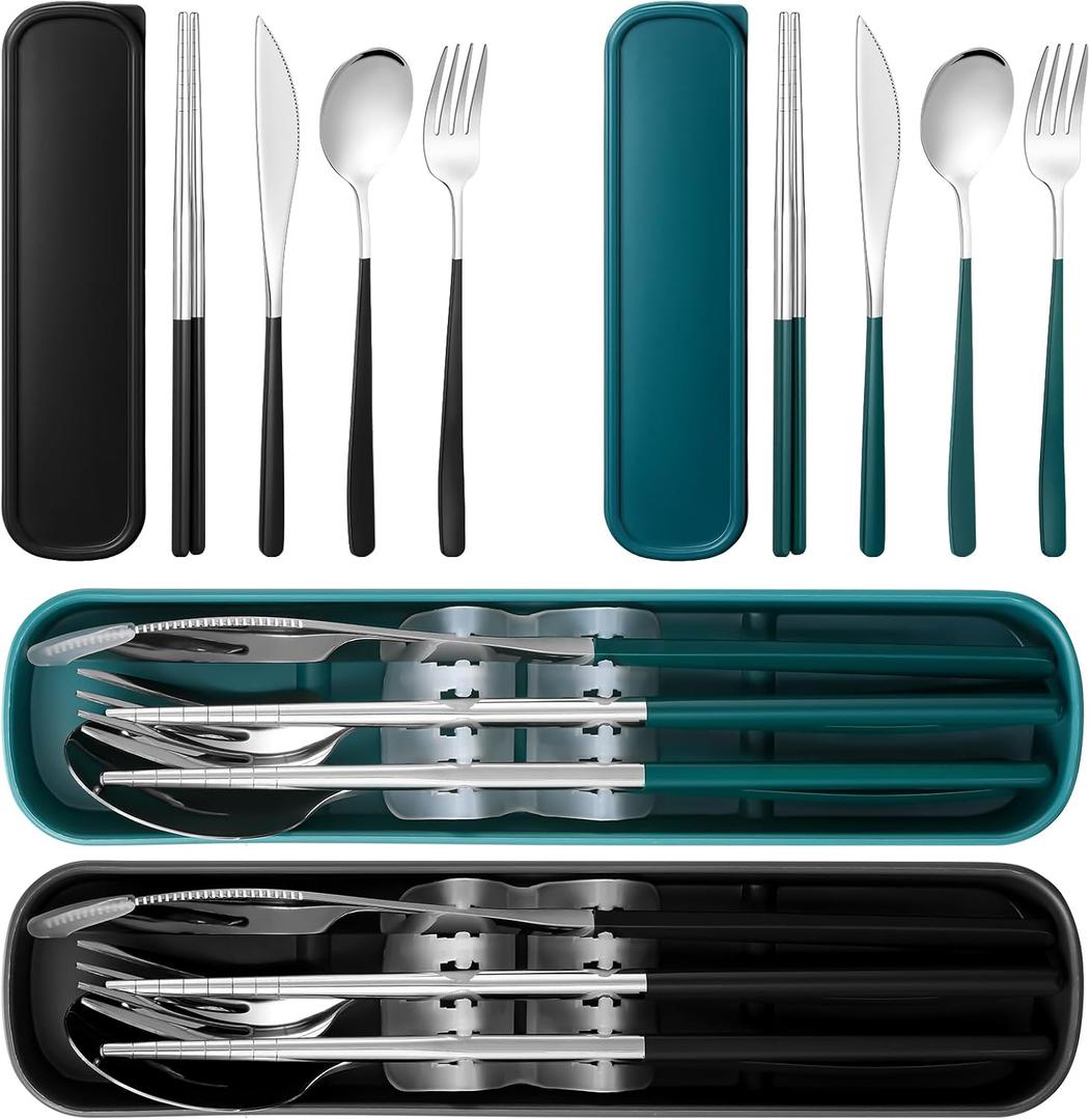2 Sets Travel Cutlery Set 18/8 Stainless Steel Cutlery 6 Pcs Reusable Utensils Set with Case Portable Silverware Lunch Box for Camping School Office(Silver, Blackish Green, Black)