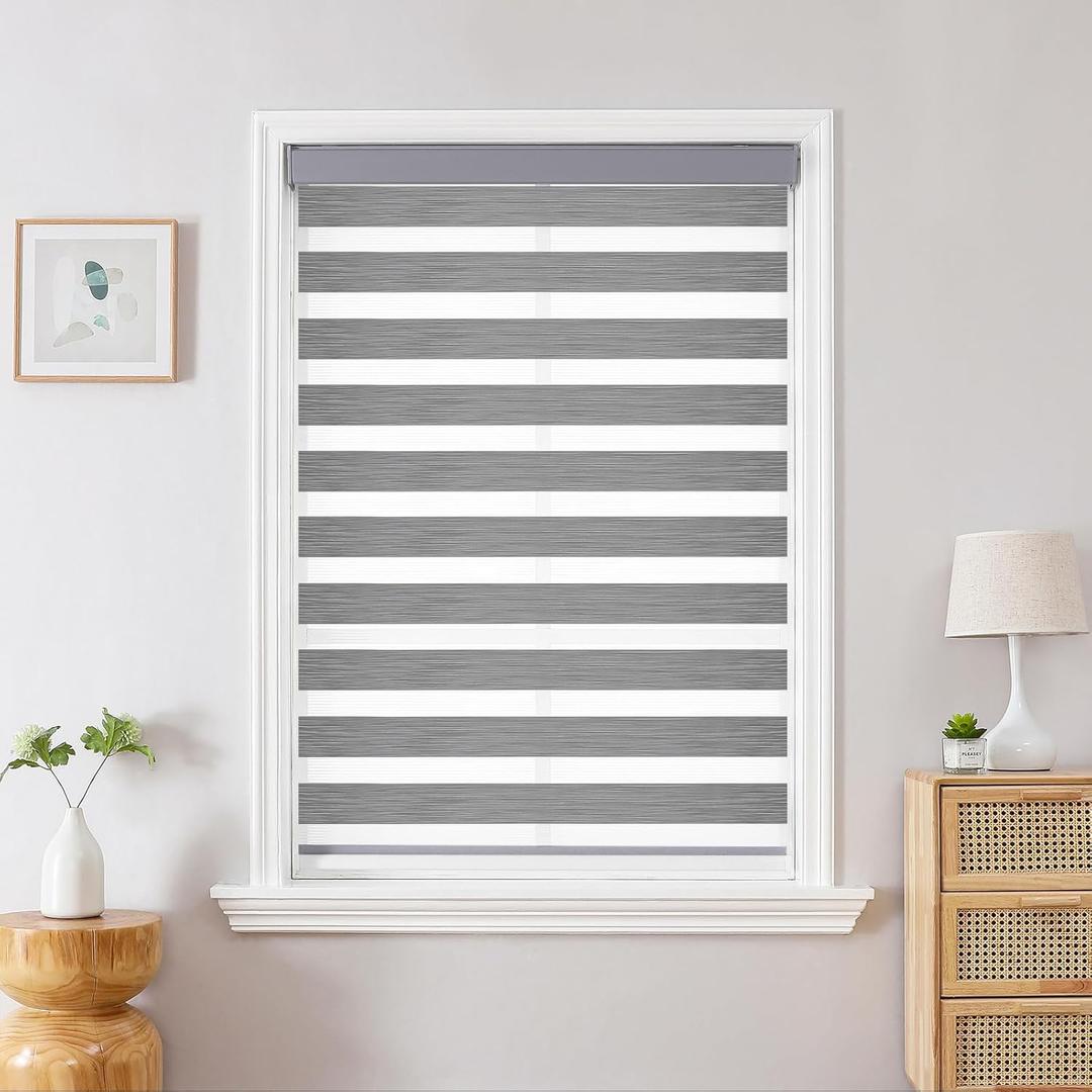 Joydeco Cordless Zebra Blinds for Windows, Dual Layer Light Control Window Blinds with Light-Proof Aluminum Cover, Free-Stop Roller Shades for Home & Office (Grey,26" W x 75" H)