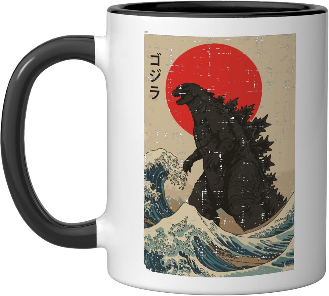 Japanese Kaiju Wave Red Sun Japan Monster Men Women Kids Ceramic Mug, Black/White (11 Ounces)