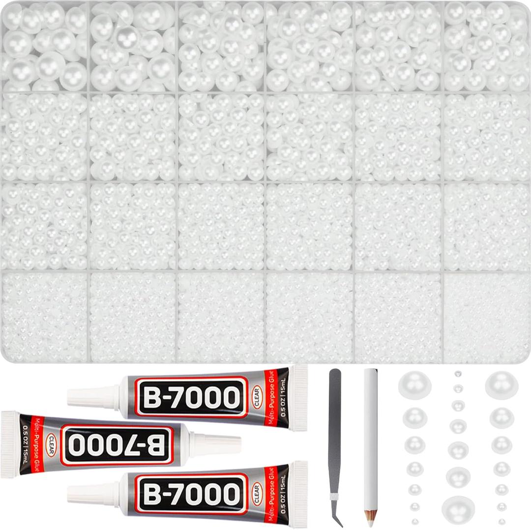 16500Pcs Half Pearls Beads for Crafting, Flat Back White Pearls 2-10mm Flatback Decor Rhinestones Gems Diamond Mixed Sizes Bedazzling for Crafts Bedazzle Decoration Shoes Clothes Decorative B7000 Glue