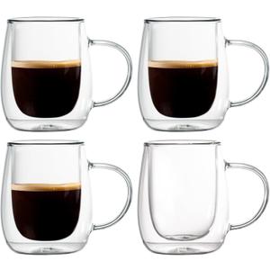 Espresso Cups, 7.4oz/210ml Double Walled Glass Coffee Mugs Set of 4, Clear Hand Blown Insulated Glass Coffee Cups with Handle for Espresso, Cappuccino, Latte, Americano, Coffee Lovers Gift