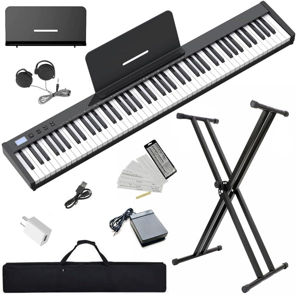 NikoMaku 88 Keys Piano Keyboard Semi-weighted Compact Portable Digital Piano Set for Beginners with Stand, Carrying Case, Sustain Pedal, Headphones, SWAN-S Black
