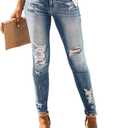 Allimy Women's High Rise Skinny Stretch Ripped Jeans High Waisted Destroyed Denim Pants Size 8 Blue