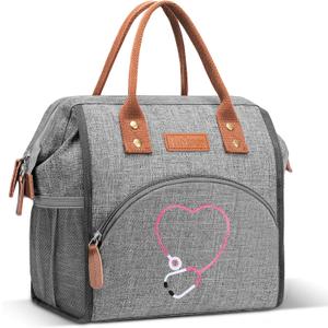 Nurse Gifts for Women - Embroidered Nurse Lunch Bag for Work, Large Capacity Wide-Open Lunch Box Insulated Reusable Lunch Tote Cooler Bag, Practical Nurse Accessories for Daily Use, Grey