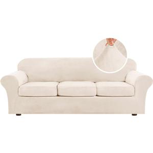 H.VERSAILTEX High Stretch Sofa Slipcover 4 Piece Cover Velvet Furniture Protector Form Fit Thick Velvet Extra Large Sofa Cover for 3 Cushion Couch Width Up to 97 Inch (Large Sofa, Cream)