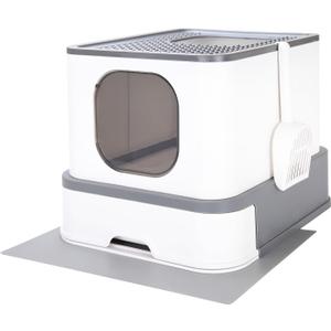 RIZZARI Cat Litter Box Stainless Steel Top-Entry : Leak-Proof Enclosed Design Reduces Odor, for Indoor Cats & Owners (Dark Gray)