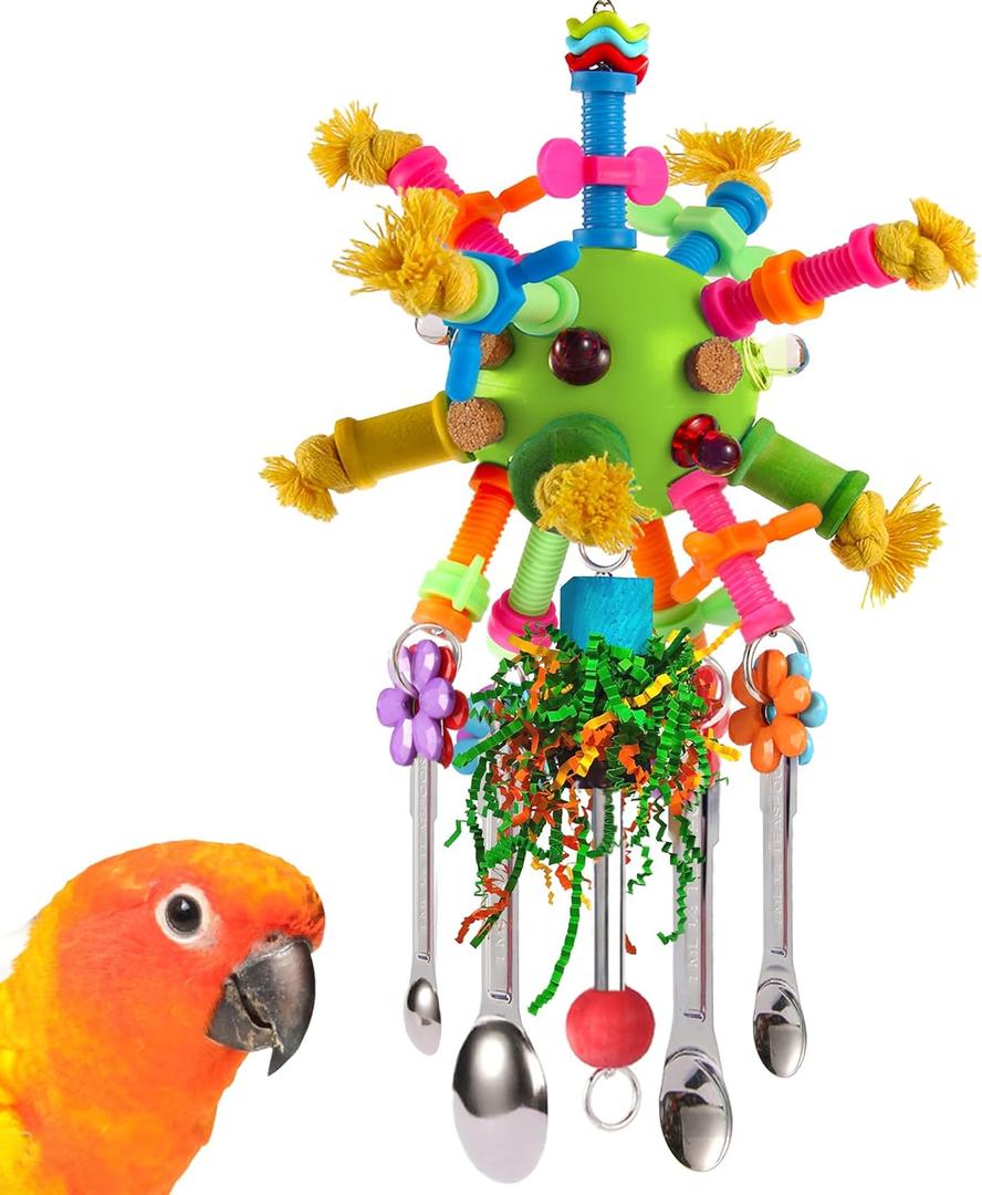 Parrot Toys Bird Toys Perch Pullable Stainless Steel Spoons Colorful Acrylic Stick Chew Toys for Amazons Mini Macaws African Greys Cockatoos Conures, Cockatiels, Lovebirds, Parrotlets and Other (Green)