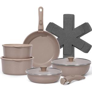15Pcs Pots and Pans Set Non Stick, Cookware Sets with Detachable Handle, Nonstick RV Kitchen Cooking Tools Removable Handles, Oven Safe, Induction Fast, Stackable Induction Cookware, Brown
