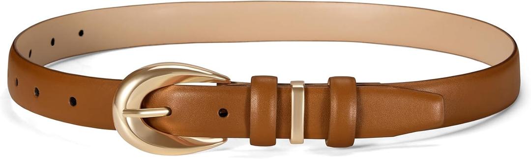 Women Belts for Jeans Dresses Pants Fashion Ladies Skinny Leather Waist Belt with Gold Buckle Gift Box, M: Fit Waist Size 27"-32" Brown