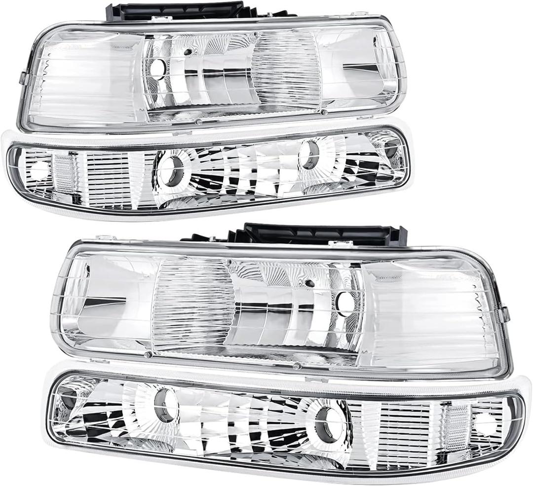 Headlights Assembly Compatible with 1999 2000 2001 2002 Chevy Silverado, 2000 2001 2002 2003 2004 2005 2006 Chevy Suburban Tahoe Chrome Housing Clear Lens Headlamp with Bumper Lights 4Pcs