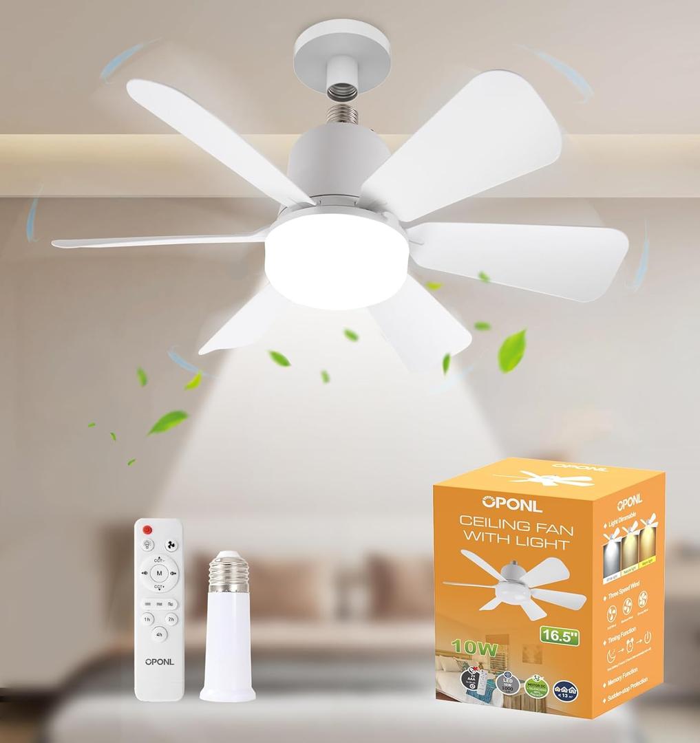 Socket Fan Light with Remote, 3-Speed Dimmable LED White Socket Ceiling Fan, 6 Colors 3000K-6000K, 1000 Lumens light bulb ceiling fan for Bedroom, Kitchen, Closet