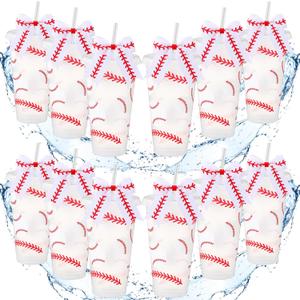 Skylety 12 Sets Sports Plastic Tumbler with Lid and Straw Bow Decorated 24oz Reusable Ball Themed Plastic Cups Sports Gifts for Fan Friend Birthday Ball Team Party Supplies(White,Baseball)
