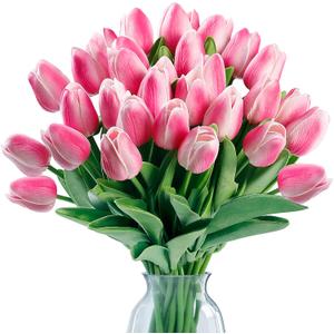 Sggvecsy 15 Pcs Fake Tulips Artificial Flowers Real Touch PU Faux Flowers Tulip Stems for Wedding Spring Bouquet Floral Arrangement Home Party Office Decorations for Mother's Day (Rose Pink)