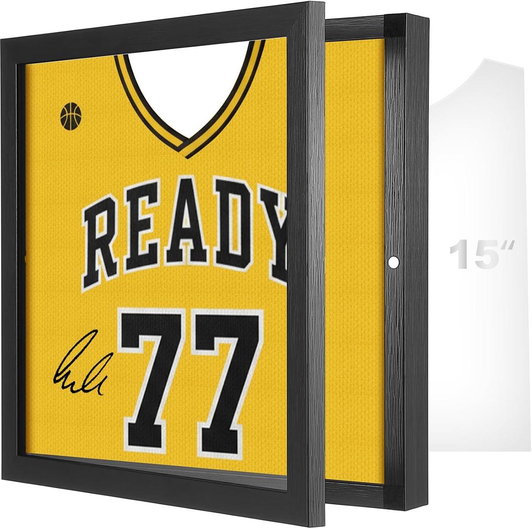 1 Pack T Shirt Display Frame, 15'' X 15'' Black Imitation Wood T Shirt Frame with 98% UV Protection Acrylic, 1" Depth of Usable Space Shadow Box, Display Case for Shirts, Jerseys, Memorabilia