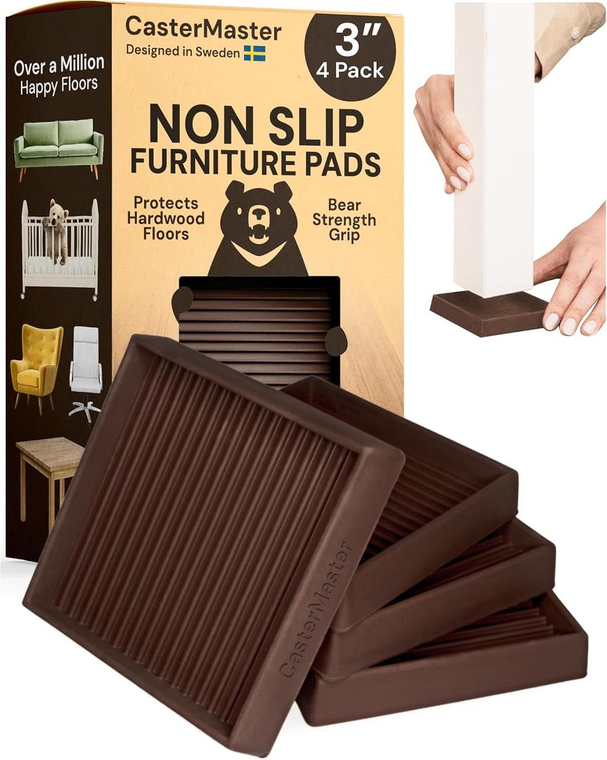 CasterMaster 3X3 Square Rubber Furniture Caster Cups - Set of 4 Non-Slip Brown Floor Protectors for Hardwood - Furniture Grippers - Table Leg Floor Protectors