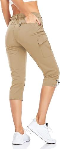 GymBrave Women's Hiking Cargo Pants Quick Dry Outdoor Camping Capris Water Resistant UPF 50 with Zipper Pockets (Large,  Khaki)