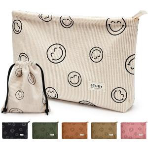 WLLWOO Makeup Bag-2pcs Smile Face Corduroy Cosmetic Bag Zipper Interior Waterproof Pencil Case Coin Purse Travel Toiletry Small Makeup Pouch For Women