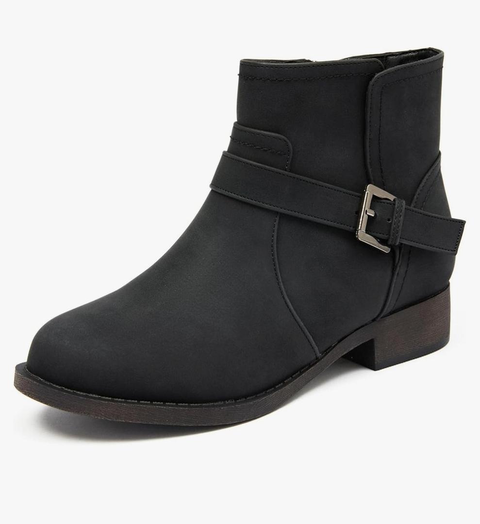 Veittes Women's Ankle Boots - Classic Side Zip, Cover with Buckle Strap, Comfortable Platform, Round Toe, Low Chunky Heel Comfort Slip On Fashion (Black/Dark Brown/Grey) Boots, 7