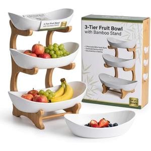 3Tier Fruit Bowl Stand for Kitchen Countertop, Removable Plastic Bowls with Bamboo Frame, Tiered Fruit Basket Organizer for Snacks, Desserts & Party (White)